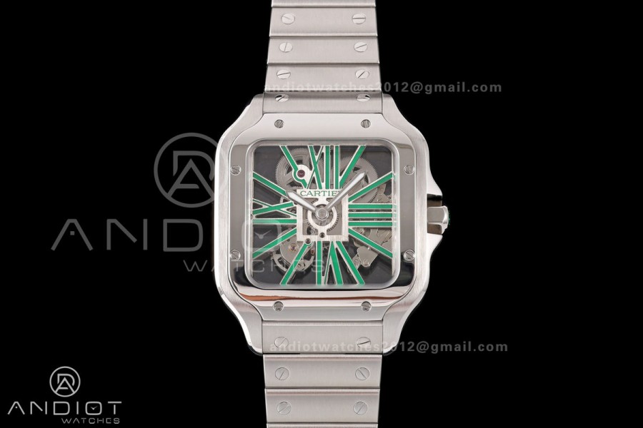 Santos Skeleton SS RICH 1:1 Best Edition Skeleton Green Dial on SS SmartLink Bracelet 9611MC Super Clone V2