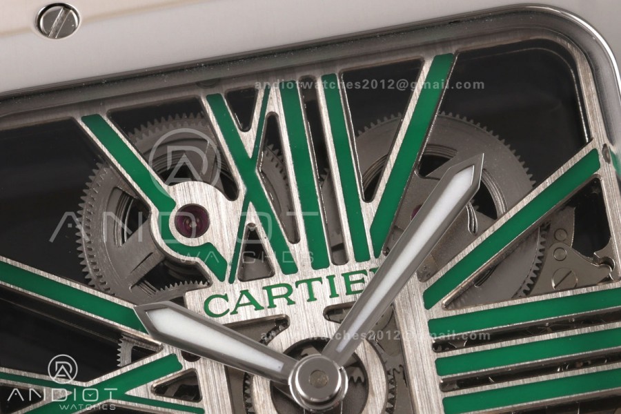 Santos Skeleton SS RICH 1:1 Best Edition Skeleton Green Dial on SS SmartLink Bracelet 9611MC Super Clone V2