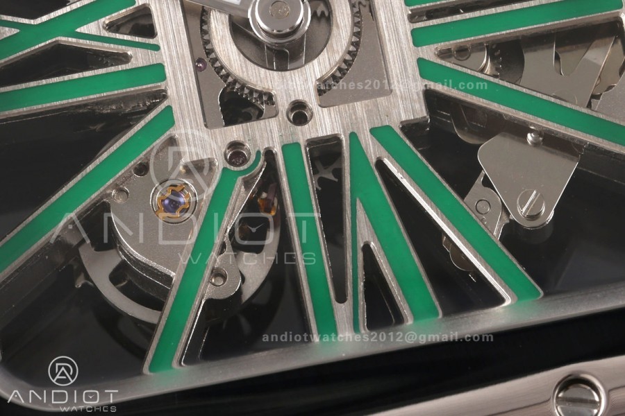 Santos Skeleton SS RICH 1:1 Best Edition Skeleton Green Dial on SS SmartLink Bracelet 9611MC Super Clone V2