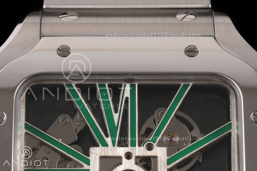 Santos Skeleton SS RICH 1:1 Best Edition Skeleton Green Dial on SS SmartLink Bracelet 9611MC Super Clone V2