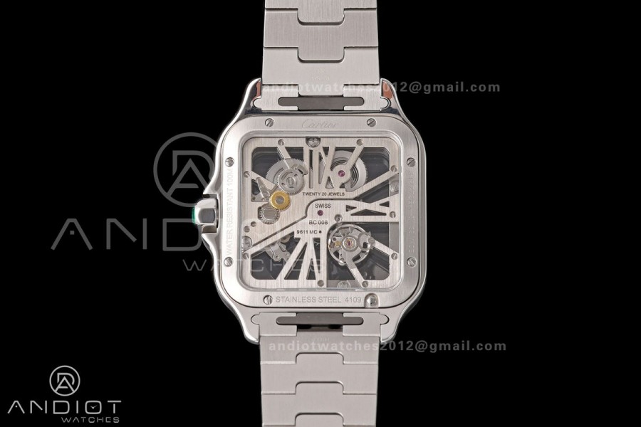 Santos Skeleton SS RICH 1:1 Best Edition Skeleton Green Dial on SS SmartLink Bracelet 9611MC Super Clone V2