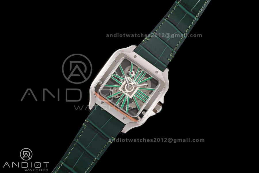 Santos Skeleton SS RICH 1:1 Best Edition Skeleton Green Dial on Green Leather Strap 9611MC Super Clone V2