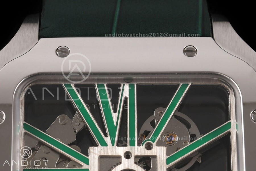 Santos Skeleton SS RICH 1:1 Best Edition Skeleton Green Dial on Green Leather Strap 9611MC Super Clone V2