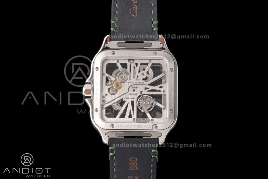Santos Skeleton SS RICH 1:1 Best Edition Skeleton Green Dial on Green Leather Strap 9611MC Super Clone V2