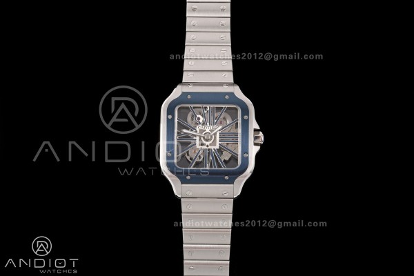 Santos Skeleton SS RICH 1:1 Best Edition Skeleton Dial Blue Bezel on SS SmartLink Bracelet 9611MC Super Clone V2