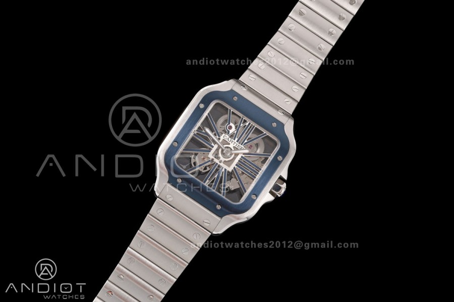 Santos Skeleton SS RICH 1:1 Best Edition Skeleton Dial Blue Bezel on SS SmartLink Bracelet 9611MC Super Clone V2