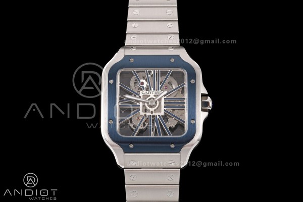 Santos Skeleton SS RICH 1:1 Best Edition Skeleton Dial Blue Bezel on SS SmartLink Bracelet 9611MC Super Clone V2