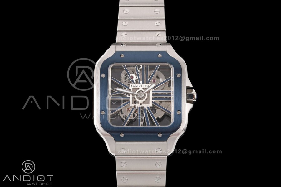 Santos Skeleton SS RICH 1:1 Best Edition Skeleton Dial Blue Bezel on SS SmartLink Bracelet 9611MC Super Clone V2