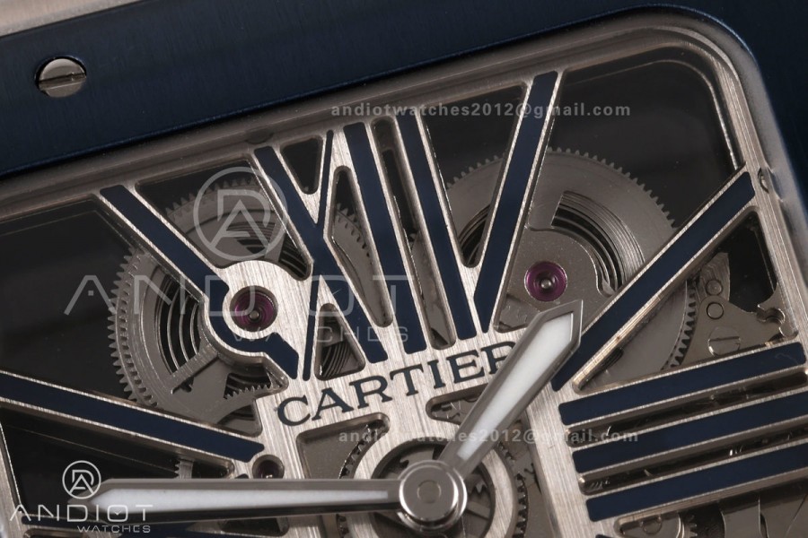 Santos Skeleton SS RICH 1:1 Best Edition Skeleton Dial Blue Bezel on SS SmartLink Bracelet 9611MC Super Clone V2