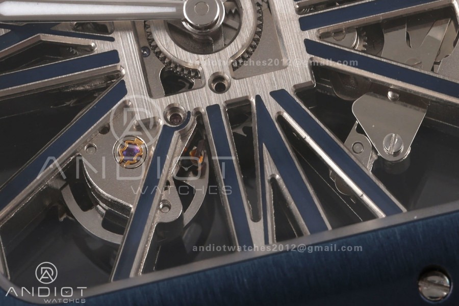Santos Skeleton SS RICH 1:1 Best Edition Skeleton Dial Blue Bezel on SS SmartLink Bracelet 9611MC Super Clone V2