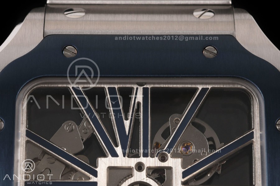 Santos Skeleton SS RICH 1:1 Best Edition Skeleton Dial Blue Bezel on SS SmartLink Bracelet 9611MC Super Clone V2