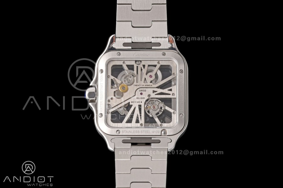 Santos Skeleton SS RICH 1:1 Best Edition Skeleton Dial Blue Bezel on SS SmartLink Bracelet 9611MC Super Clone V2