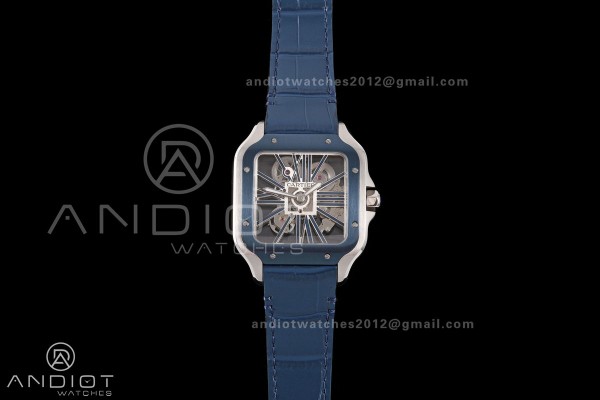Santos Skeleton SS RICH 1:1 Best Edition Skeleton Dial Blue Bezel on Blue Leather Strap 9611MC Super Clone V2