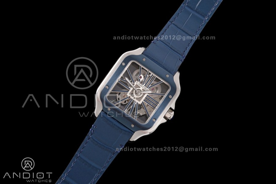 Santos Skeleton SS RICH 1:1 Best Edition Skeleton Dial Blue Bezel on Blue Leather Strap 9611MC Super Clone V2
