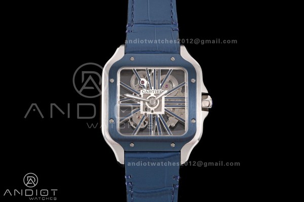 Santos Skeleton SS RICH 1:1 Best Edition Skeleton Dial Blue Bezel on Blue Leather Strap 9611MC Super Clone V2