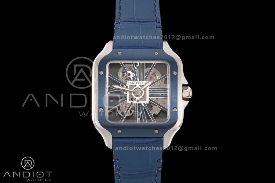 Santos Skeleton SS RICH 1:1 Best Edition Skeleton Dial Blue Bezel on Blue Leather Strap 9611MC Super Clone V2