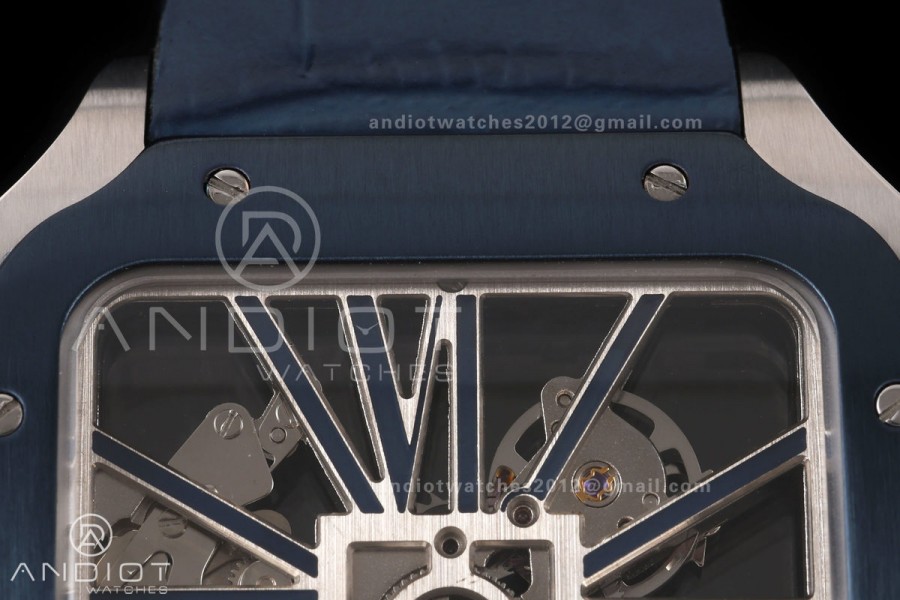 Santos Skeleton SS RICH 1:1 Best Edition Skeleton Dial Blue Bezel on Blue Leather Strap 9611MC Super Clone V2