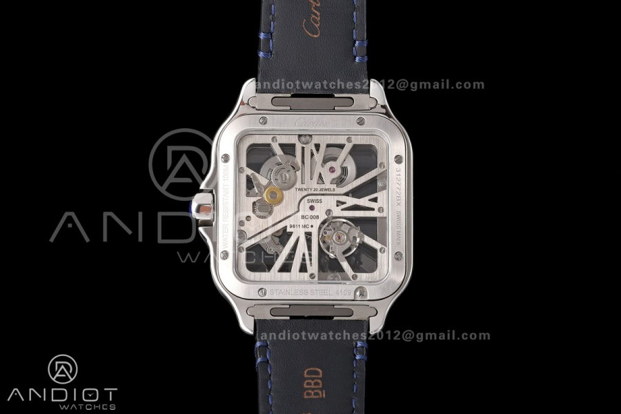 Santos Skeleton SS RICH 1:1 Best Edition Skeleton Dial Blue Bezel on Blue Leather Strap 9611MC Super Clone V2