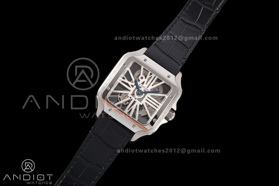 Santos Skeleton SS RICH 1:1 Best Edition Skeleton Dial on Black Leather Strap 9611MC Super Clone V2