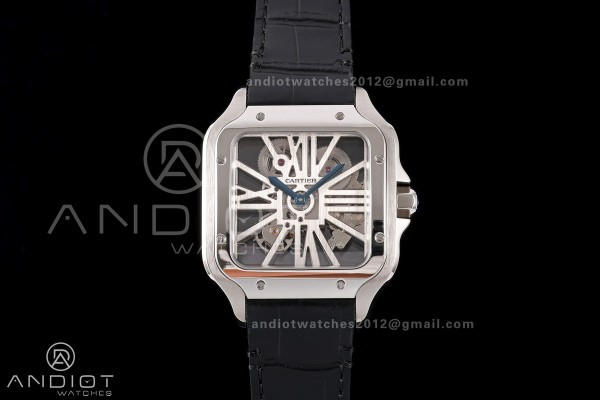 Santos Skeleton SS RICH 1:1 Best Edition Skeleton Dial on Black Leather Strap 9611MC Super Clone V2