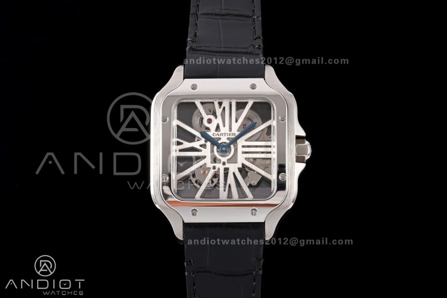 Santos Skeleton SS RICH 1:1 Best Edition Skeleton Dial on Black Leather Strap 9611MC Super Clone V2