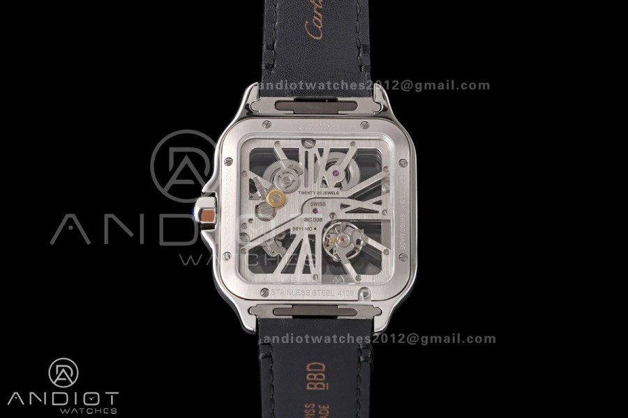 Santos Skeleton SS RICH 1:1 Best Edition Skeleton Dial on Black Leather Strap 9611MC Super Clone V2