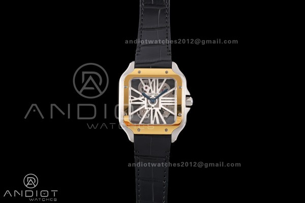 Santos Skeleton SS/YG RICH 1:1 Best Edition Skeleton Dial on Black Leather Strap 9611MC Super Clone V2