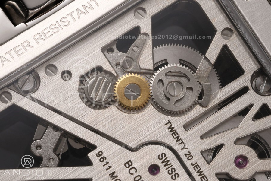 Santos Skeleton SS/YG RICH 1:1 Best Edition Skeleton Dial on Black Leather Strap 9611MC Super Clone V2