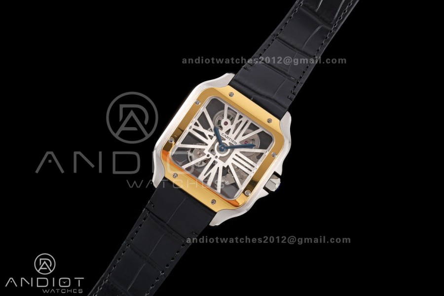 Santos Skeleton SS/YG RICH 1:1 Best Edition Skeleton Dial on Black Leather Strap 9611MC Super Clone V2