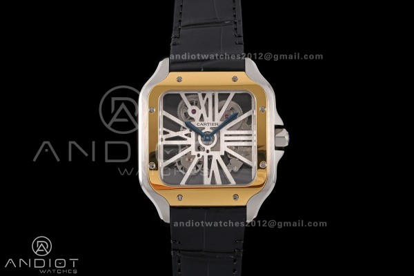 Santos Skeleton SS/YG RICH 1:1 Best Edition Skeleton Dial on Black Leather Strap 9611MC Super Clone V2