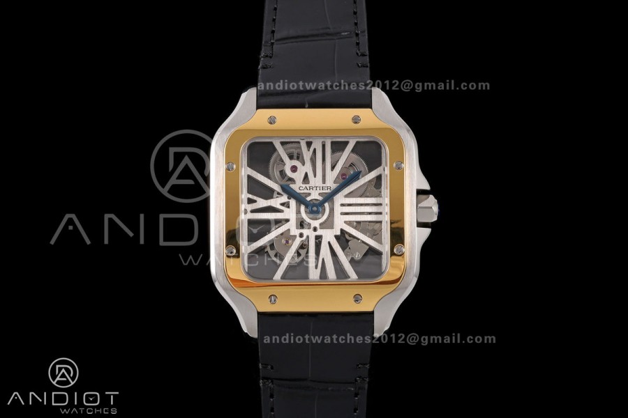 Santos Skeleton SS/YG RICH 1:1 Best Edition Skeleton Dial on Black Leather Strap 9611MC Super Clone V2