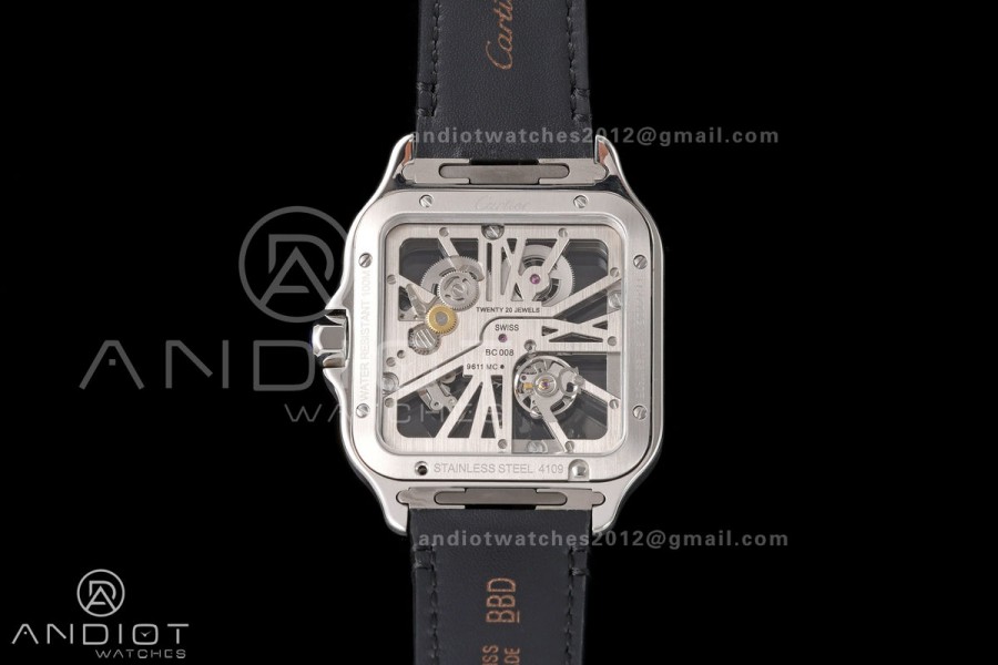 Santos Skeleton SS/YG RICH 1:1 Best Edition Skeleton Dial on Black Leather Strap 9611MC Super Clone V2