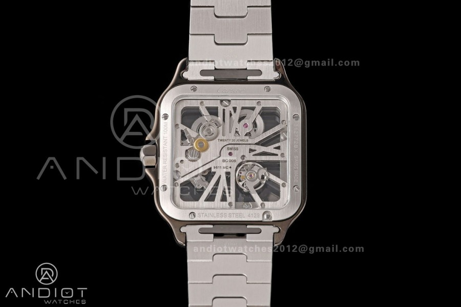 Santos Skeleton SS/PVD RICH 1:1 Best Edition Skeleton Dial 9611MC Super Clone (2 Straps) V2