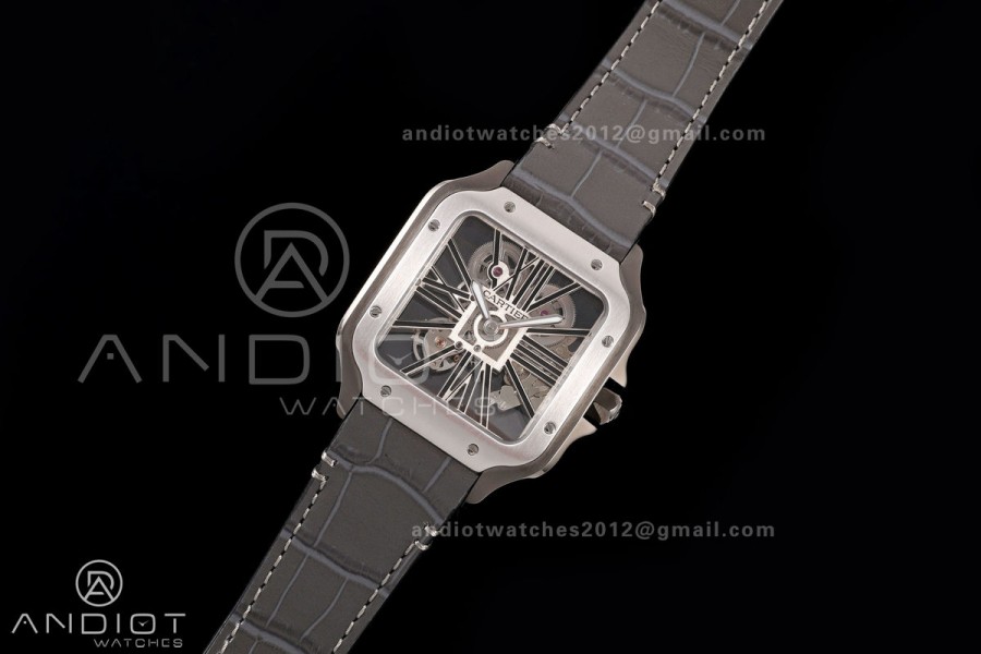Santos Skeleton SS/PVD RICH 1:1 Best Edition Skeleton Dial on Gray Leather Strap 9611MC Super Clone V2
