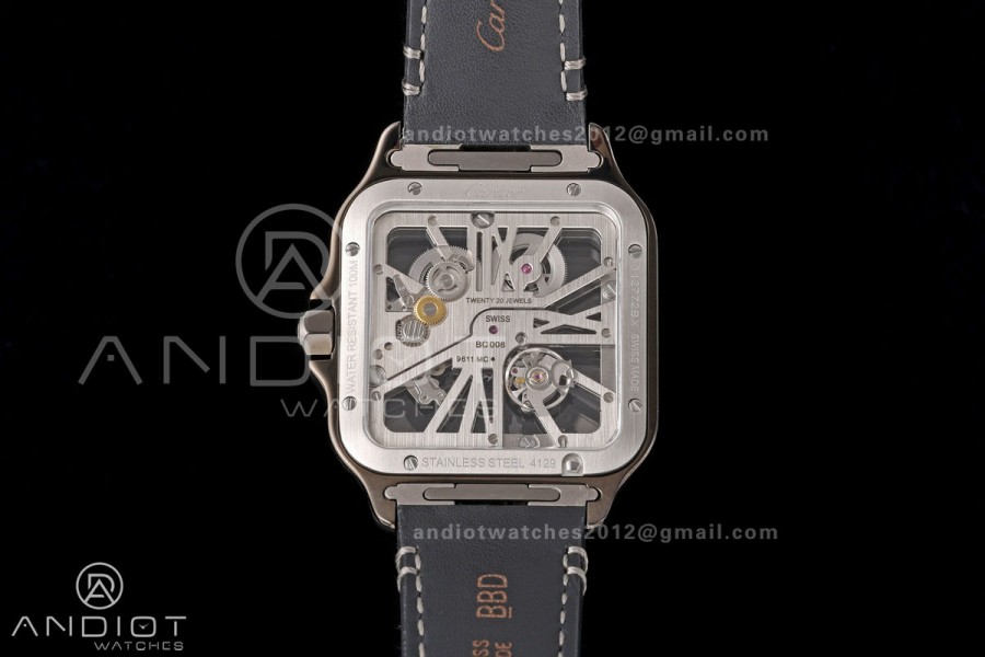 Santos Skeleton SS/PVD RICH 1:1 Best Edition Skeleton Dial on Gray Leather Strap 9611MC Super Clone V2