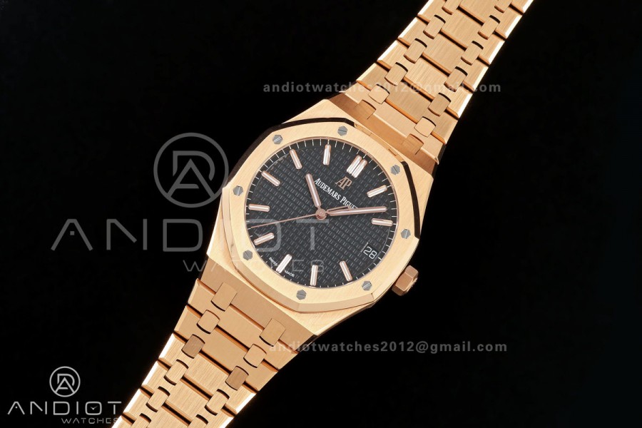 Royal Oak 41mm 15500 RG ZF 1:1 Best Edition Black Textured Dial on SS Bracelet Super Clone SH4302