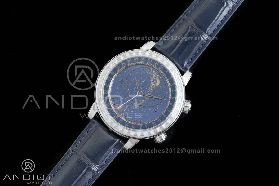 Grand Complications 6102 SS Diamonds Bezel PPF 1:1 Best Edition Blue Dial on Blue Leather Strap SA240 Super Clone