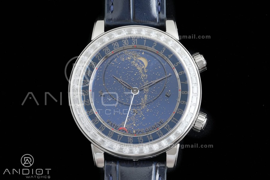 Grand Complications 6102 SS Diamonds Bezel PPF 1:1 Best Edition Blue Dial on Blue Leather Strap SA240 Super Clone