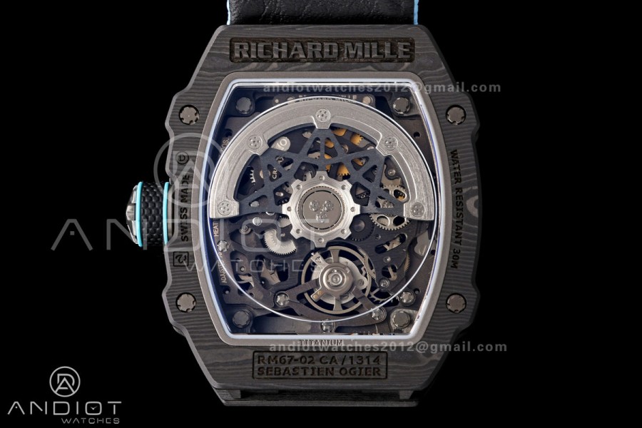 Umi Maker's RM67-02 Black NTPT Black Skeleton Dial on Baby Blue Nylon strap CRMA7 Clone V2