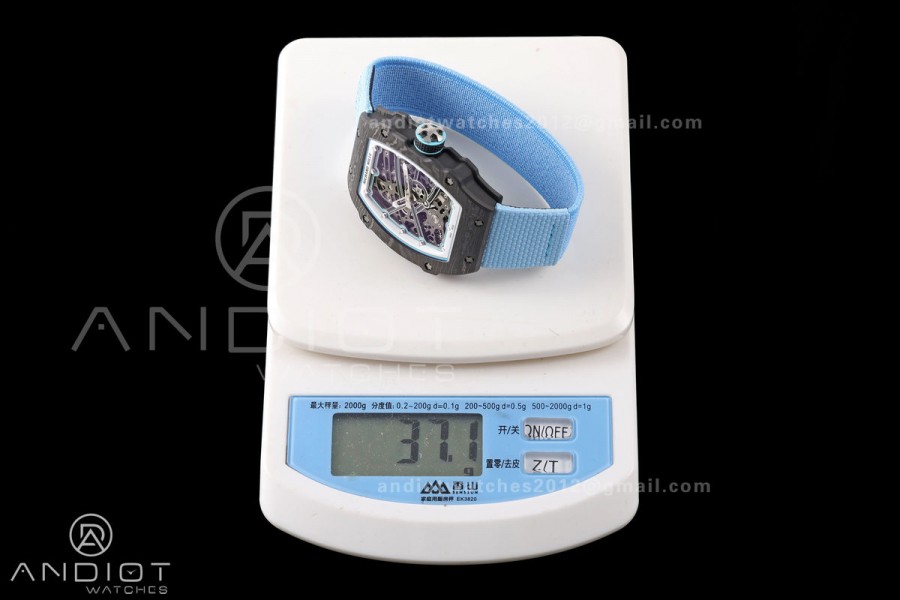 Umi Maker's RM67-02 Black NTPT Black Skeleton Dial on Baby Blue Nylon strap CRMA7 Clone V2