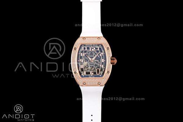 MILLE STUDIO RM67-01 RG Skeleton Dial Diamonds Bezel on White Rubber Strap CRMA6 Clone