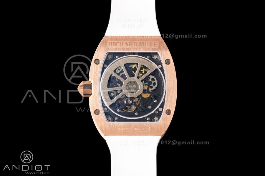 MILLE STUDIO RM67-01 RG Skeleton Dial Diamonds Bezel on White Rubber Strap CRMA6 Clone
