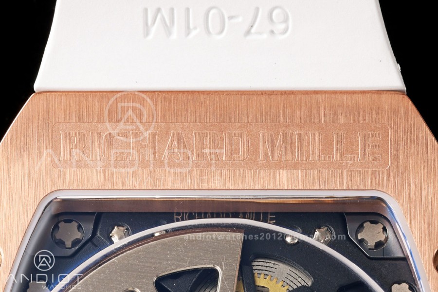 MILLE STUDIO RM67-01 RG Skeleton Dial Diamonds Bezel on White Rubber Strap CRMA6 Clone