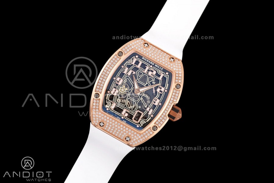 MILLE STUDIO RM67-01 RG Skeleton Dial Diamonds Bezel on White Rubber Strap CRMA6 Clone