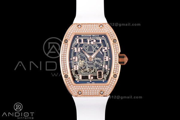 MILLE STUDIO RM67-01 RG Skeleton Dial Diamonds Bezel on White Rubber Strap CRMA6 Clone