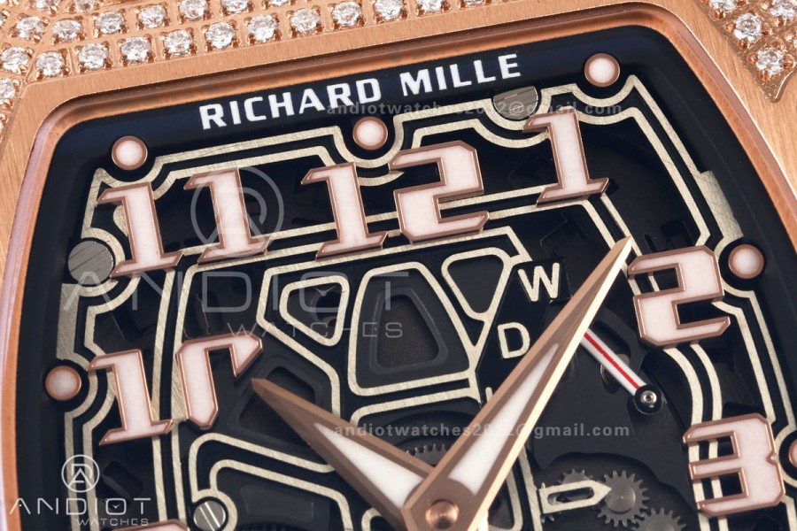 MILLE STUDIO RM67-01 RG Skeleton Dial Diamonds Bezel on White Rubber Strap CRMA6 Clone