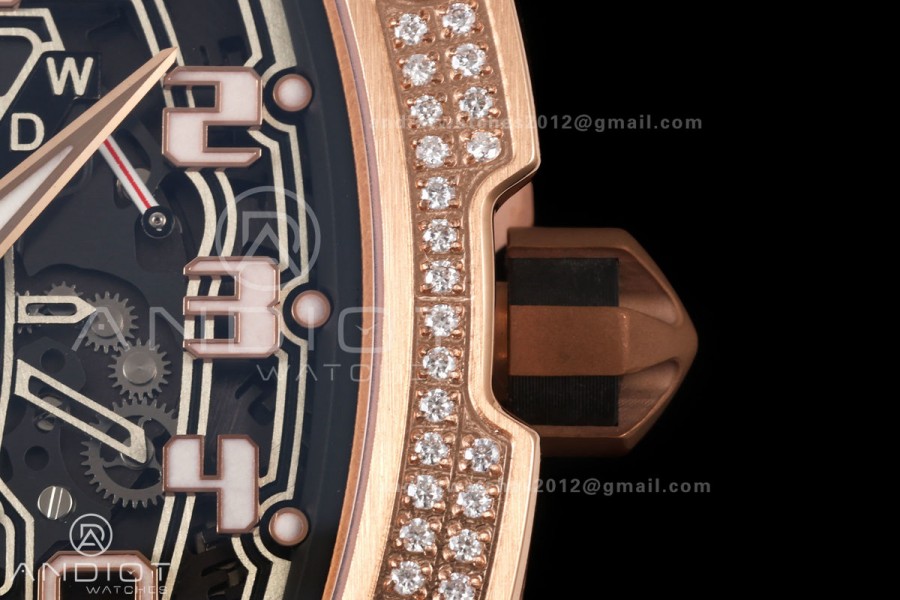 MILLE STUDIO RM67-01 RG Skeleton Dial Diamonds Bezel on White Rubber Strap CRMA6 Clone