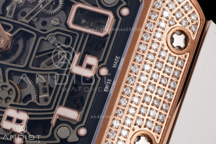 MILLE STUDIO RM67-01 RG Skeleton Dial Diamonds Bezel on White Rubber Strap CRMA6 Clone