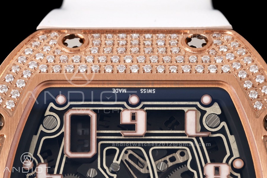 MILLE STUDIO RM67-01 RG Skeleton Dial Diamonds Bezel on White Rubber Strap CRMA6 Clone