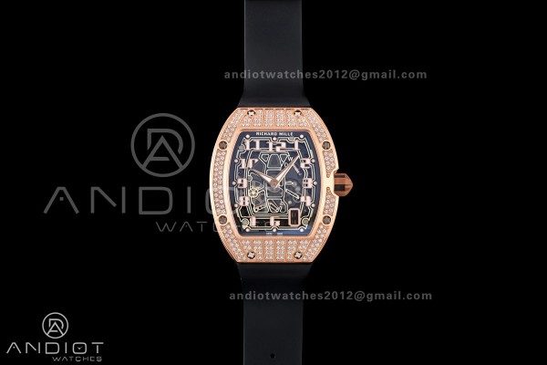 Mille Studio RM67-01 RG Skeleton Dial Diamonds Bezel on Black Rubber Strap CRMA6 Clone